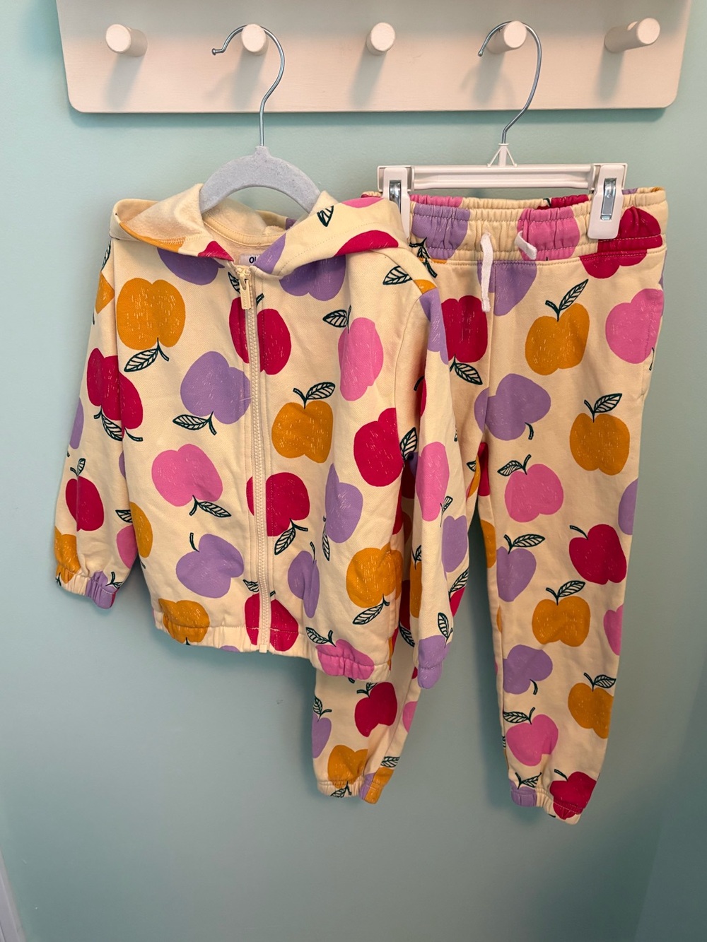 Old Navy Cream Hoodie & Jogger Set with Pink Purple Red and Yellow Apple Print